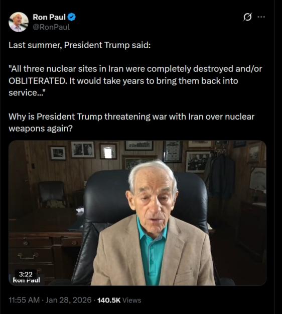 Click to Enlarge

Name: FireShot Capture 102 - Ron Paul on X_ _Last summer, President Trump said_ _All three nucle_ - [x.com
Size: 447 KB